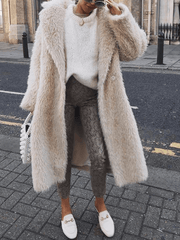 Inrosy longue manteau en fausse fourrure boutons col revers manches longues élégant mode décontracté femme beige