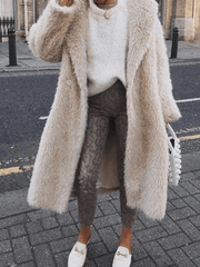 Inrosy longue manteau en fausse fourrure boutons col revers manches longues élégant mode décontracté femme beige