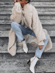 Inrosy longue manteau en fausse fourrure boutons col revers manches longues élégant mode décontracté femme beige