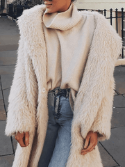 Inrosy longue manteau en fausse fourrure boutons col revers manches longues élégant mode décontracté femme beige