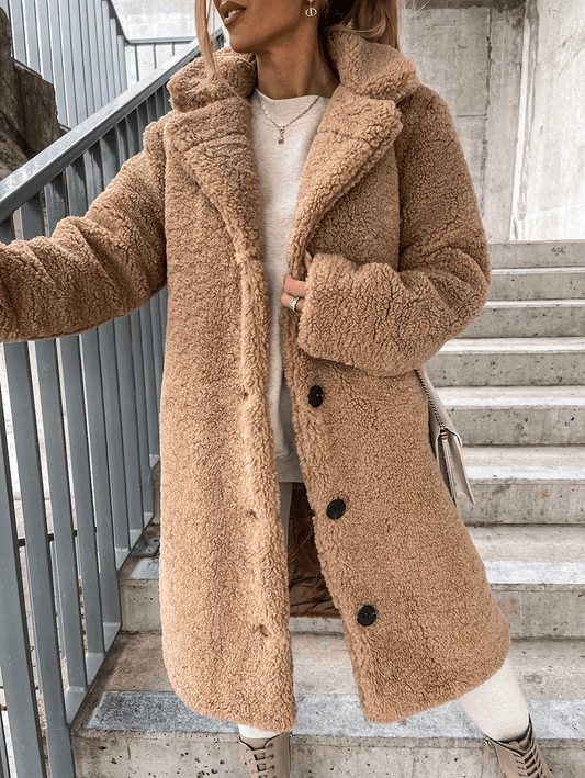 Inrosy longue manteau en teddy bear coat boutonnage poches col revers manches longues femme mode oversized décontracté hiver veste