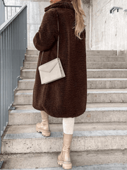 Inrosy longue manteau en teddy bear coat boutonnage poches col revers manches longues femme mode oversized décontracté hiver veste