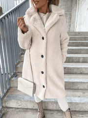 Inrosy longue manteau en teddy bear coat boutonnage poches col revers manches longues femme mode oversized décontracté hiver veste