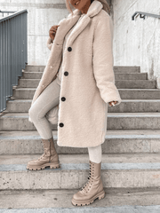 Inrosy longue manteau en teddy bear coat boutonnage poches col revers manches longues femme mode oversized décontracté hiver veste