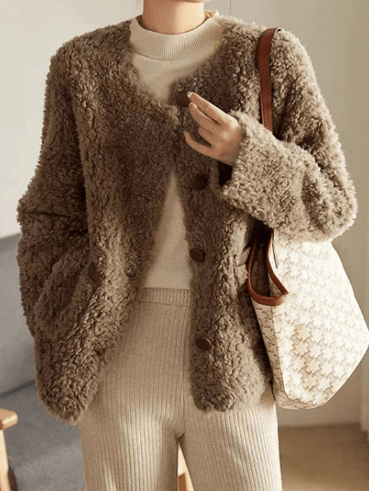 Inrosy court manteau avec polaire boutonnage poches col rond manches longues femme élégant mode veste