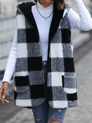 Inrosy gilet débardeur carreaux polaire veste en velours réversible à capuche sans manches poches femme mode décontracté manteau