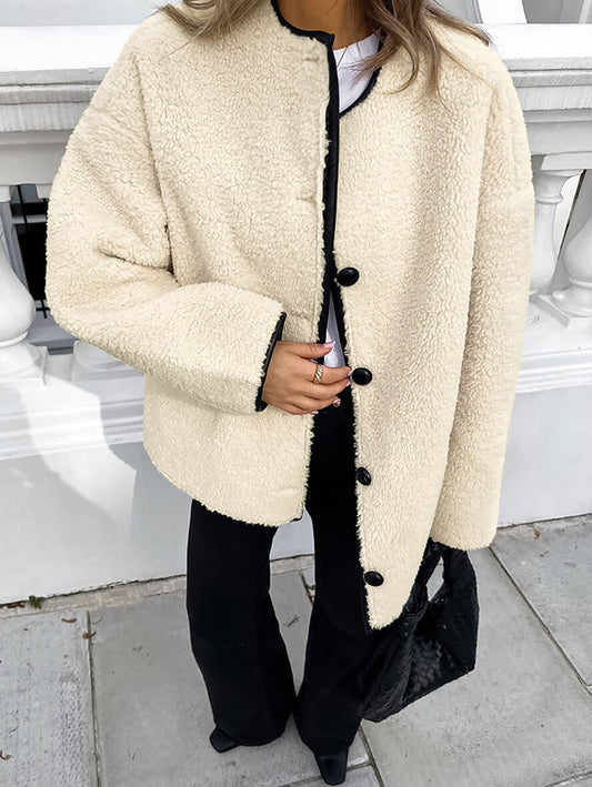 Inrosy manteau veste polaire unicolore boutonnage col rond manches longues femme casual élégant décontracté