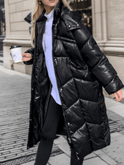 Inrosy longue manteau doudoune vinyl à capuche boutons poches fermeture éclair manches longues femme oversized décontracté hiver veste