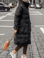 Inrosy mi-longue manteau doudoune à capuche boutons poches fermeture éclair manches longues femme décontracté hiver parkas