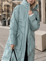 Inrosy mi-longue manteau doudoune à capuche boutons poches fermeture éclair manches longues femme décontracté hiver parkas