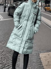 Inrosy mi-longue manteau doudoune à capuche boutons poches fermeture éclair manches longues femme décontracté hiver parkas