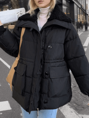 Inrosy mi-longue manteau doudoune boutons poches col revers manches longues femme casual doux décontracté veste