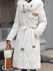 Inrosy longue manteau doudoune ceinture fausse fourrure col manches longues femme casual élégant mode hiver veste