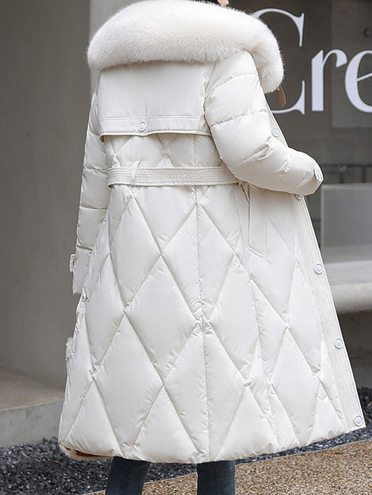 Inrosy longue manteau doudoune ceinture fausse fourrure col manches longues femme casual élégant mode hiver veste