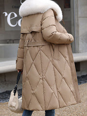 Inrosy longue manteau doudoune ceinture fausse fourrure col manches longues femme casual élégant mode hiver veste