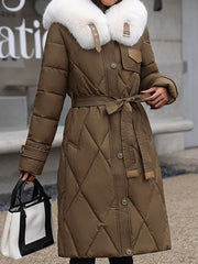 Inrosy longue manteau doudoune ceinture fausse fourrure col manches longues femme casual élégant mode hiver veste