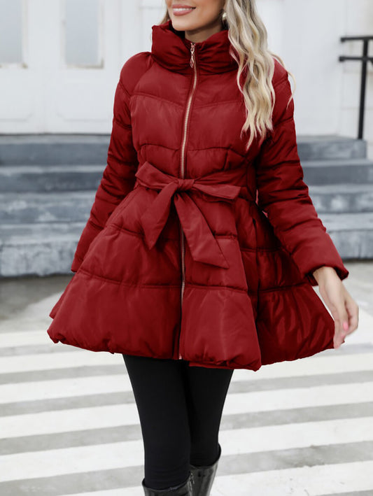 Inrosy mi-longue manteau doudoune trapèze noeud papillon ceinture col montant manches longues femme mignon vintage hiver veste