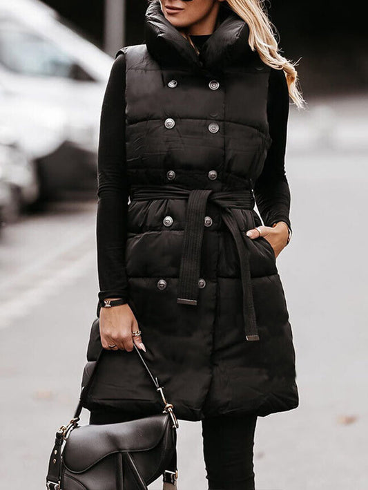 Inrosy mi-longue manteau doudoune double boutonnage ceinture col montant sans manches femme décontracté hiver gilet