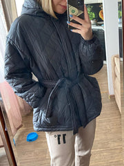 Inrosy mi-longue manteau doudoune à capuche ceinture manches longues femme casual mode décontracté veste matelassée hiver