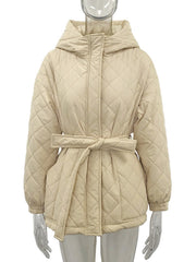 Inrosy mi-longue manteau doudoune à capuche ceinture manches longues femme casual mode décontracté veste matelassée hiver
