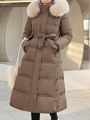 Inrosy longue manteau doudoune à capuche poches ceinture manches longues femme élégant mode décontracté hiver veste