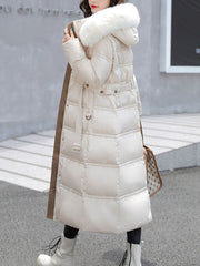 Inrosy longue manteau doudoune fausse fourrure à capuche poches ceinture femme casual décontracté hiver veste