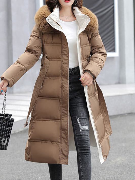 Inrosy longue manteau doudoune fausse fourrure à capuche poches ceinture femme casual décontracté hiver veste