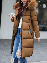 Inrosy longue manteau doudoune poches fausse fourrure col à capuche manches longues femme mode décontracté hiver veste