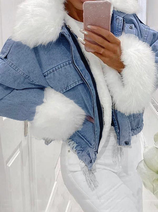 Inrosy parka en jean doublé polaire fausse fourrure col poches manches longues femme mode décontracté hiver vestes blanche bleu