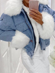 Inrosy parka en jean doublé polaire fausse fourrure col poches manches longues femme mode décontracté hiver vestes blanche bleu