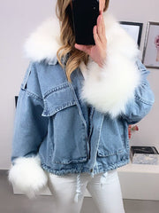 Inrosy parka en jean doublé polaire fausse fourrure col poches manches longues femme mode décontracté hiver vestes blanche bleu