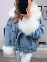 Inrosy parka en jean doublé polaire fausse fourrure col poches manches longues femme mode décontracté hiver vestes blanche bleu