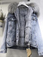 Inrosy veste en jean parka fausse fourrure col doublé polaire boutonnage poches manches longues hiver femme manteau