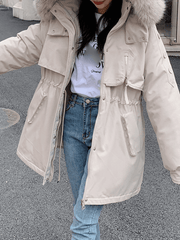 Inrosy mi-longue parka à capuche boutons poches fermeture éclair manches longues femme mode oversized décontracté hiver manteau