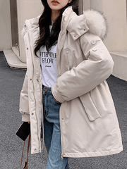 Inrosy mi-longue parka à capuche boutons poches fermeture éclair manches longues femme mode oversized décontracté hiver manteau