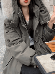 Inrosy mi-longue parka à capuche boutons poches fermeture éclair manches longues femme mode oversized décontracté hiver manteau