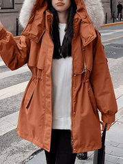 Inrosy mi-longue parka à capuche boutons poches fermeture éclair manches longues femme mode oversized décontracté hiver manteau