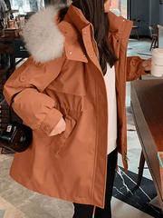 Inrosy mi-longue parka à capuche boutons poches fermeture éclair manches longues femme mode oversized décontracté hiver manteau