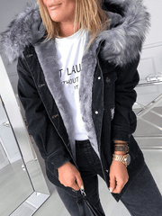 Inrosy mi-longue parka intérieur fourrure veste en jean déchiré troué polaire poches à capuche femme décontracté veste