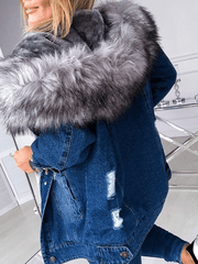 Inrosy mi-longue parka intérieur fourrure veste en jean déchiré troué polaire poches à capuche femme décontracté veste