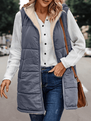 Inrosy gilet à capuche réversible veste poches fermeture éclair sans manches femme casual mode oversized décontracté débardeur