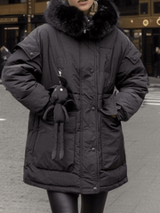 Inrosy mi-longue manteau doudoune à capuche fausse fourrure col boutons poches femme oversized décontracté hiver veste