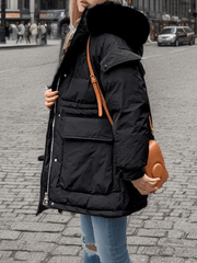 Inrosy mi-longue manteau doudoune à capuche fausse fourrure col boutons poches femme oversized décontracté hiver veste