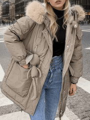Inrosy mi-longue manteau doudoune à capuche fausse fourrure col boutons poches femme oversized décontracté hiver veste