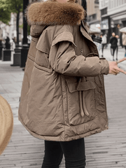 Inrosy mi-longue manteau doudoune à capuche fausse fourrure col boutons poches femme oversized décontracté hiver veste