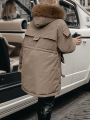 Inrosy mi-longue manteau doudoune à capuche fausse fourrure col boutons poches femme oversized décontracté hiver veste