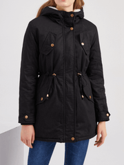 Inrosy mi-longue parka à capuche unicolore boutons poches fermeture éclair manches longues femme mode décontracté hiver veste