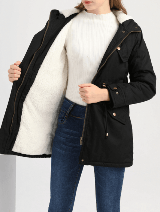 Inrosy mi-longue parka à capuche unicolore boutons poches fermeture éclair manches longues femme mode décontracté hiver veste