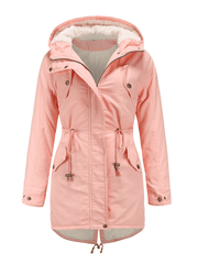 Inrosy mi-longue parka à capuche unicolore boutons poches fermeture éclair manches longues femme mode décontracté hiver veste