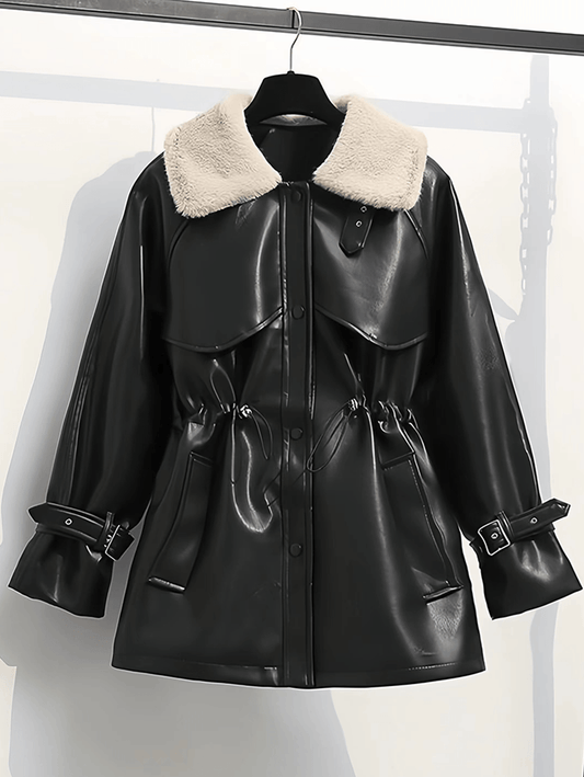 Inrosy mi-longue parka en simili cuir molleton boutons poches ceinture col revers manches longues femme mode décontracté veste d'hiver